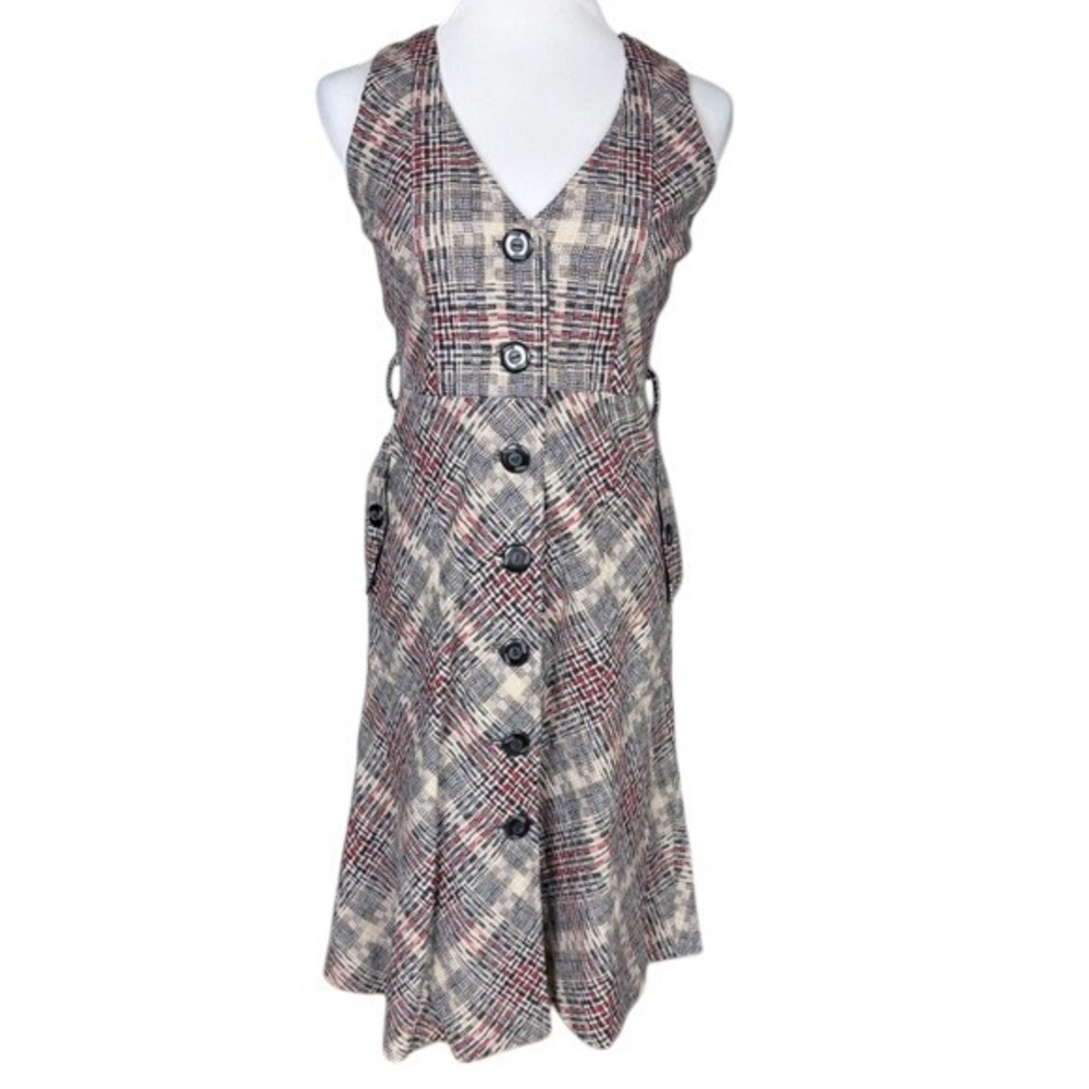 Maple‎ Wool Blend Plaid Jumper Dress Tan Navy Burgundy Button Front Size 2